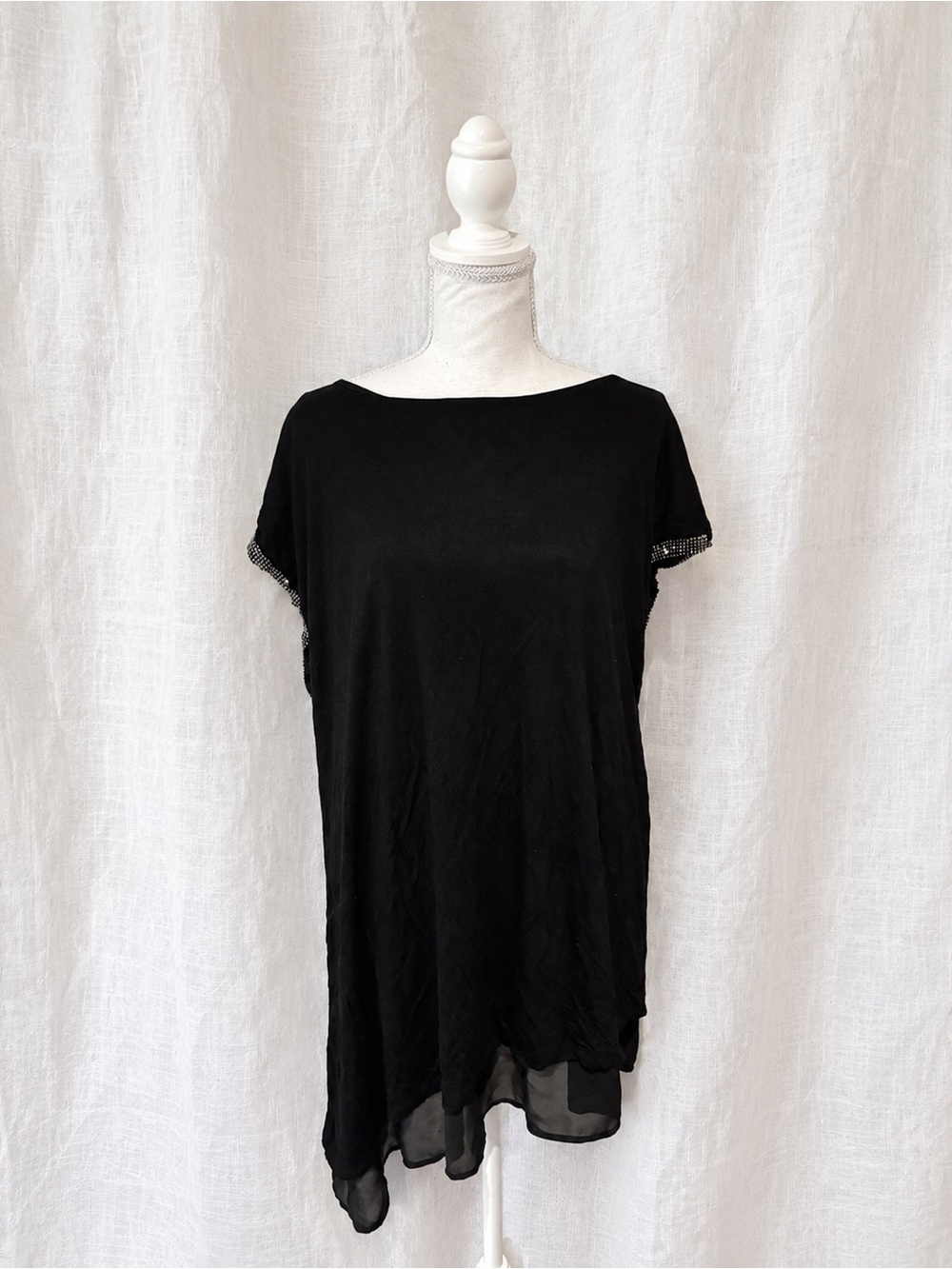 Black Short Sleeve Tunic with Sheer Hem